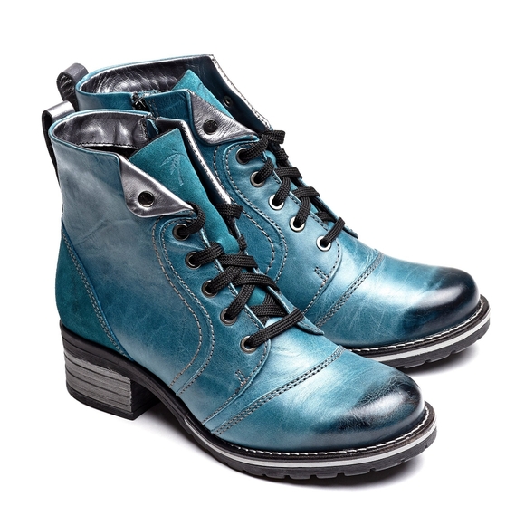 Dromedaris Shoes - Dromedaris 39 Karissa Teal And Silver Leather And Suede Women's Boot